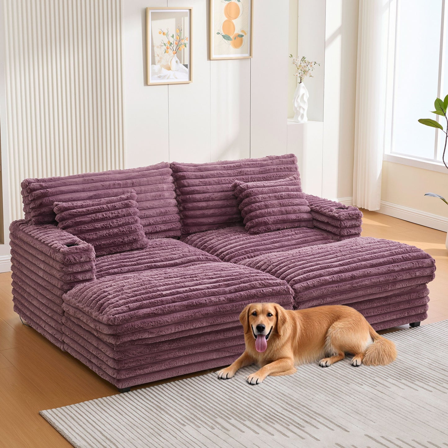 Plush Oversized Double Chaise Lounge Sofa Bed With USB Ports And Cup Holders