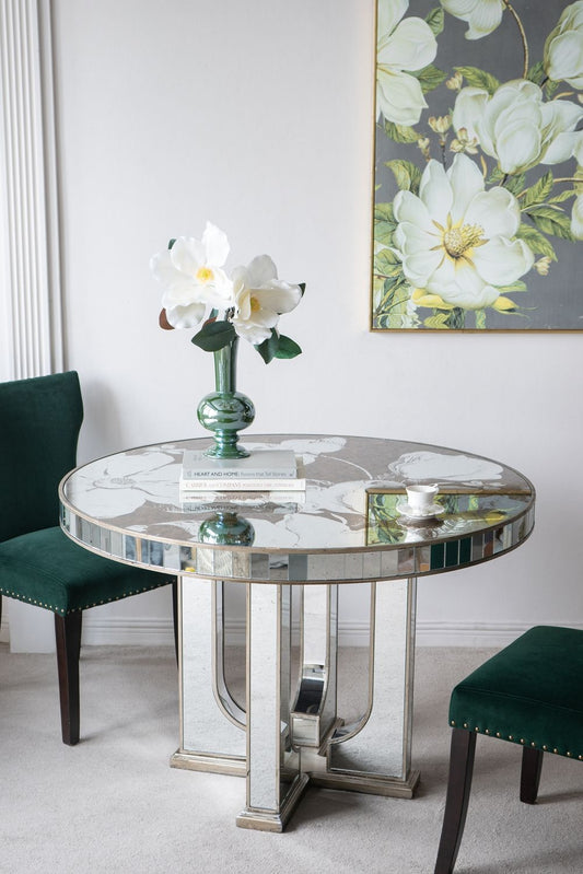 Round Dining Table With Elegant Floral Design And Mirrored - Silver Multi