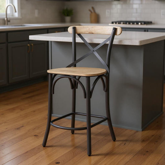 26" Solid Wood And Iron Counter Height Bar Chair - Gray / Natural