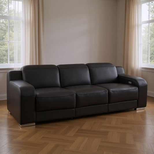 103" Italian Leather Reclining USB Sofa - Black