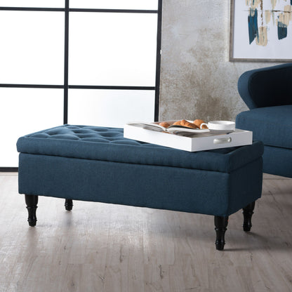 Hyatt - Suede Storage Ottoman With Tufted Top And Dark Wooden Legs - Navy Blue