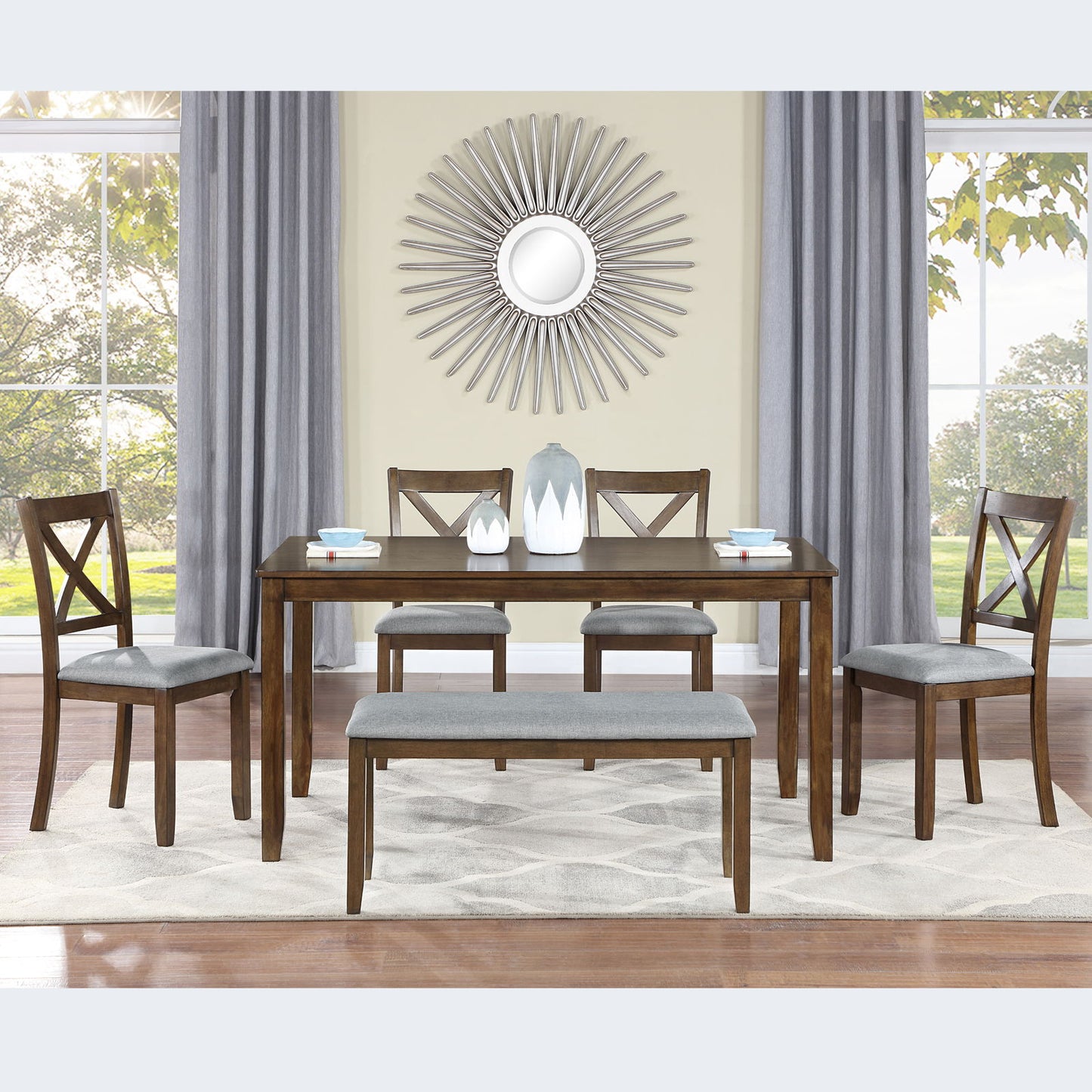 6 Pieces Kitchen Dining Set, Rectangular Wooden Dining Table With 4 Chairs And A Bench