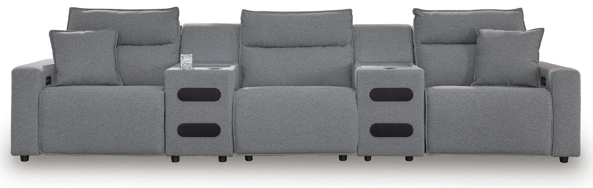 Modmax II - 5-Piece Power Reclining Sectional With 2 Audio Consoles - Salt And Pepper - Next-Gen Nuvella