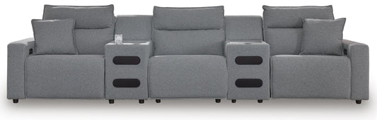 Modmax II - 5-Piece Power Reclining Sectional With 2 Audio Consoles - Salt And Pepper - Next-Gen Nuvella