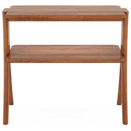 Narrow 2 Tier Side Slim Accent Table For Living Bedroom Or Entryway, Space Saving Furniture With Storage Shelf - Walnut