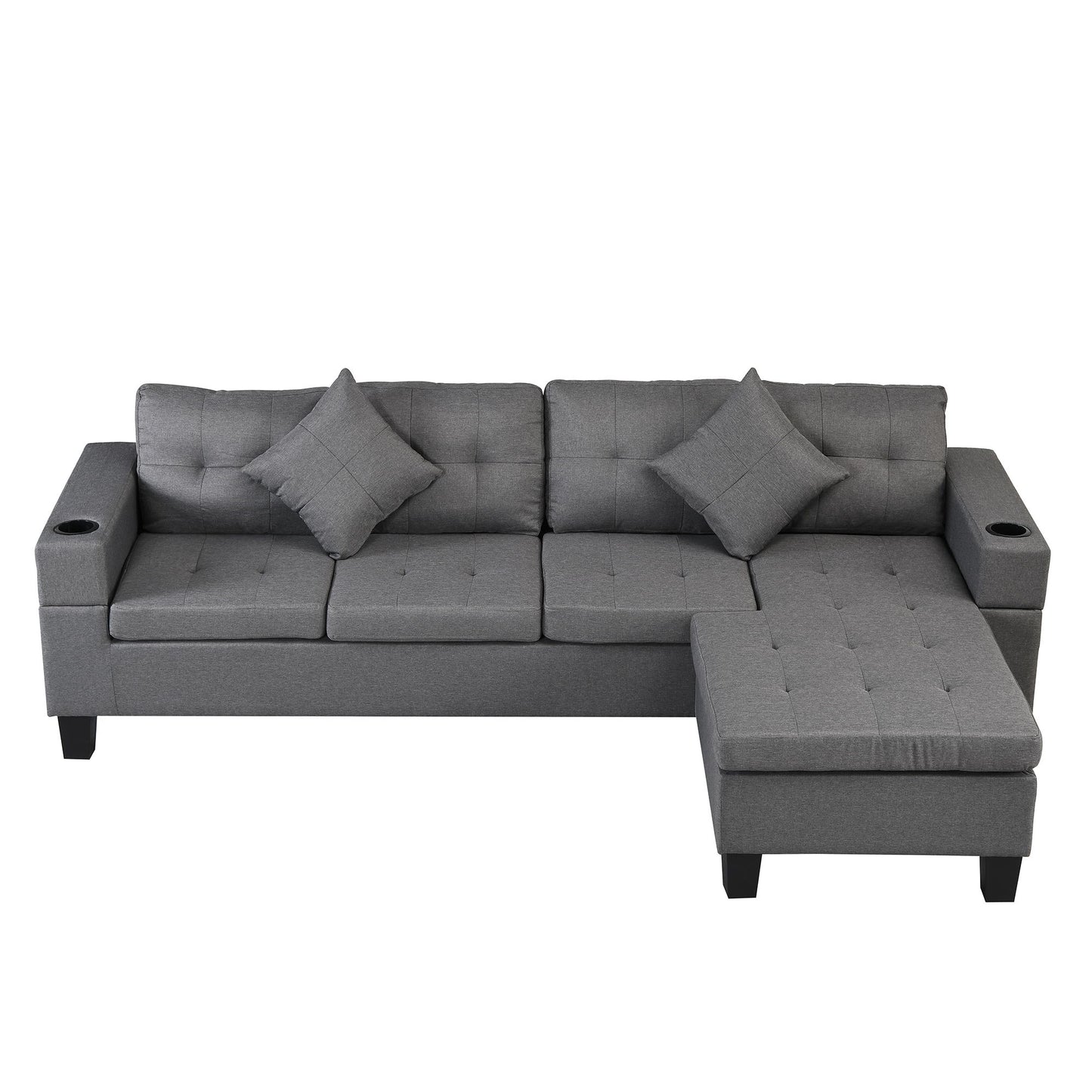 Modern Sectional Sofa Set With L Shape Chaise Lounge, Cup Holder, 4 Seat - Gray