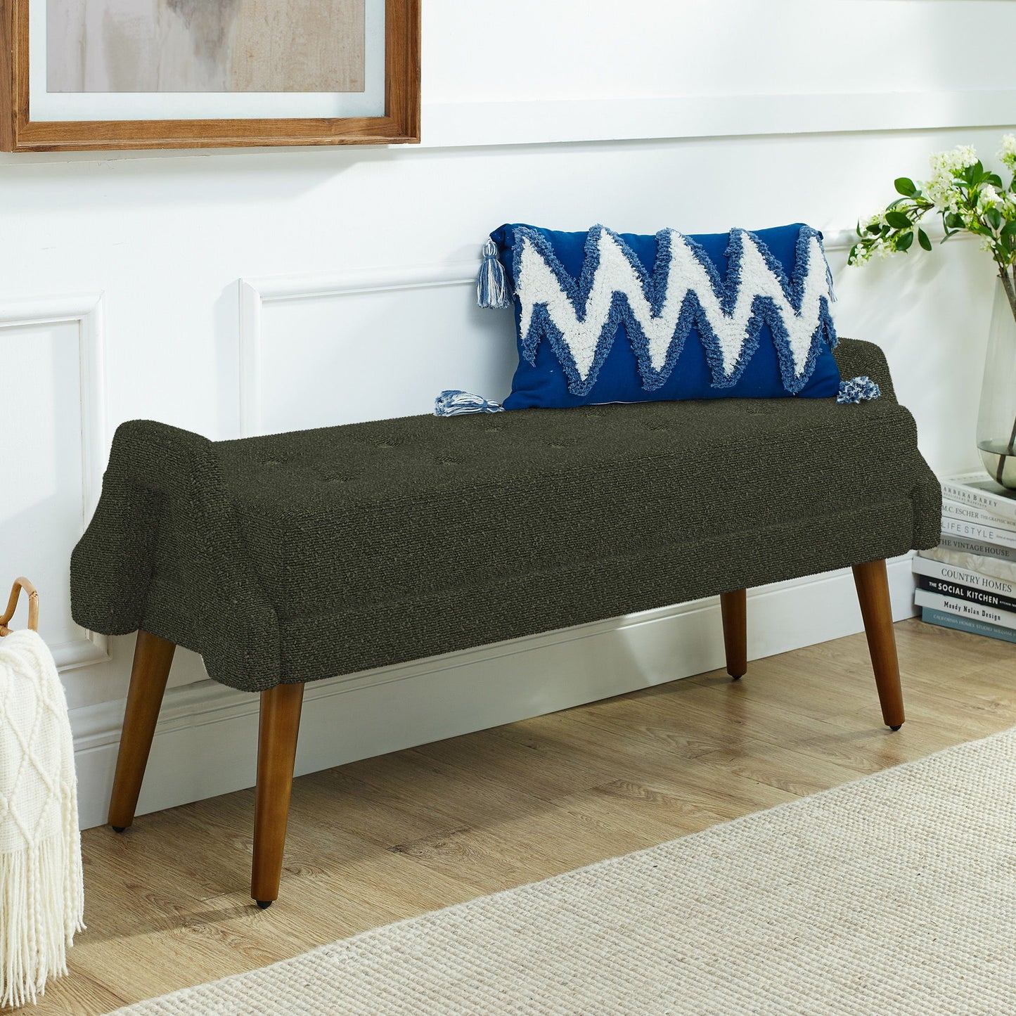 Modern Living Room Bench With Looped Yarn Fabric And Rubber Wooden Legs