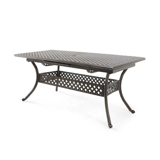 Outdoor Expandable Dining Table With Umbrella Holder, Lattice Pattern And Curved Legs - Black