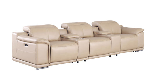 134" Leather Reclining Stainless Steel USB Sofa - Beige