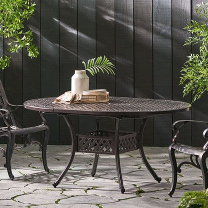 Outdoor Expandable Aluminum Dining Table With Latticework Details And Curvy Legs