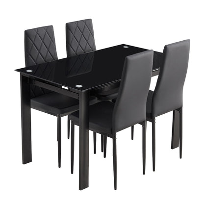 Modern 5 Piece Dining Table Set With Glass Top And Chairs - Black