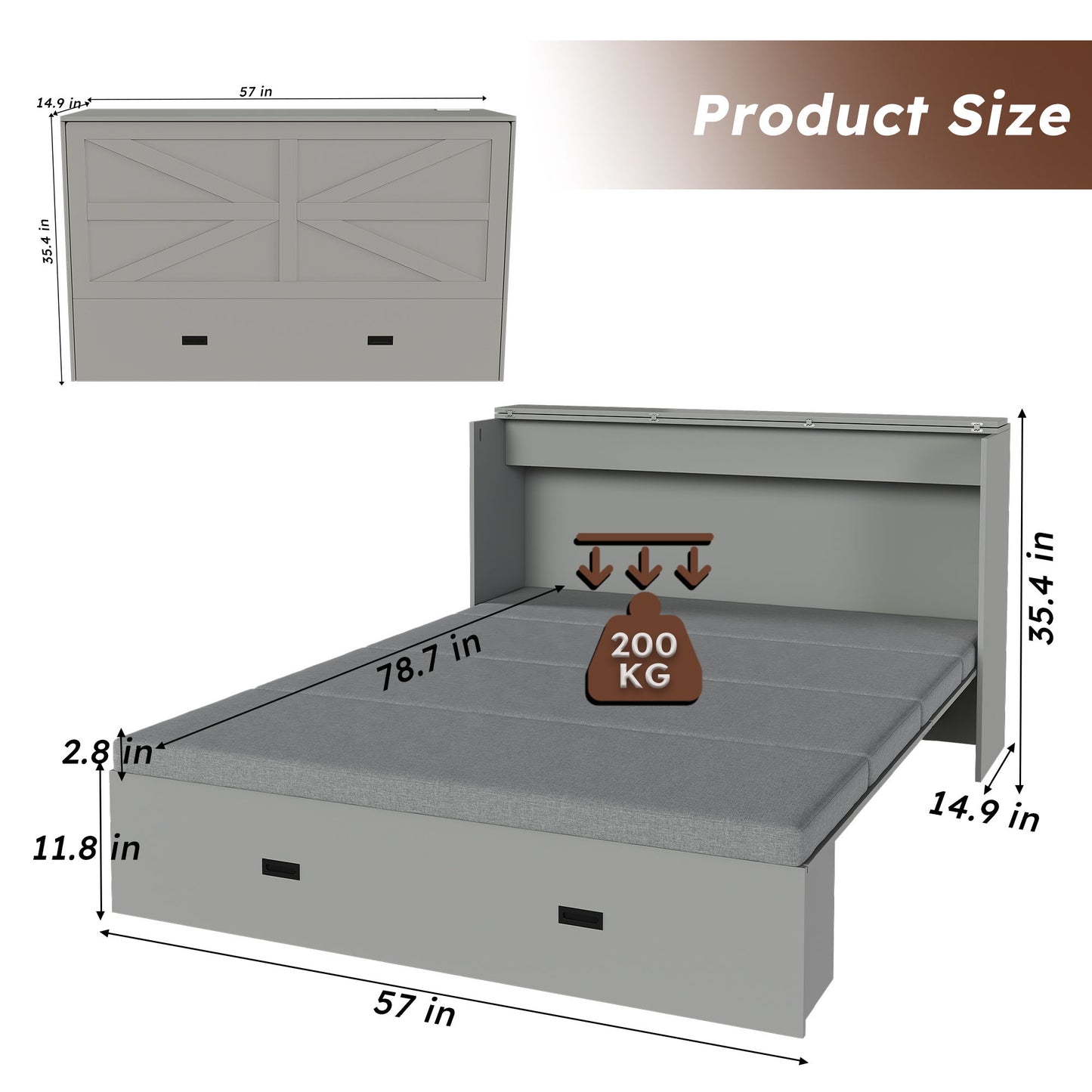 Murphy Bed With Storage Drawers And Charging Cabinet, Foldable Panels, Swivel Wheels