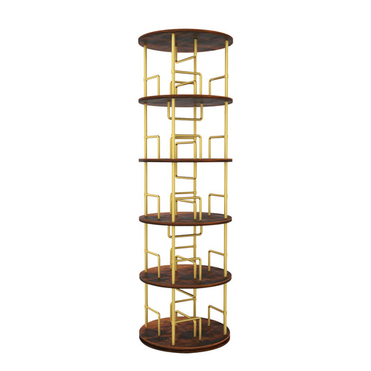 5 Tier 360 Rotating Bookshelf, Display Round Floor Standing Swivel Bookcase For Bedroom - Golden