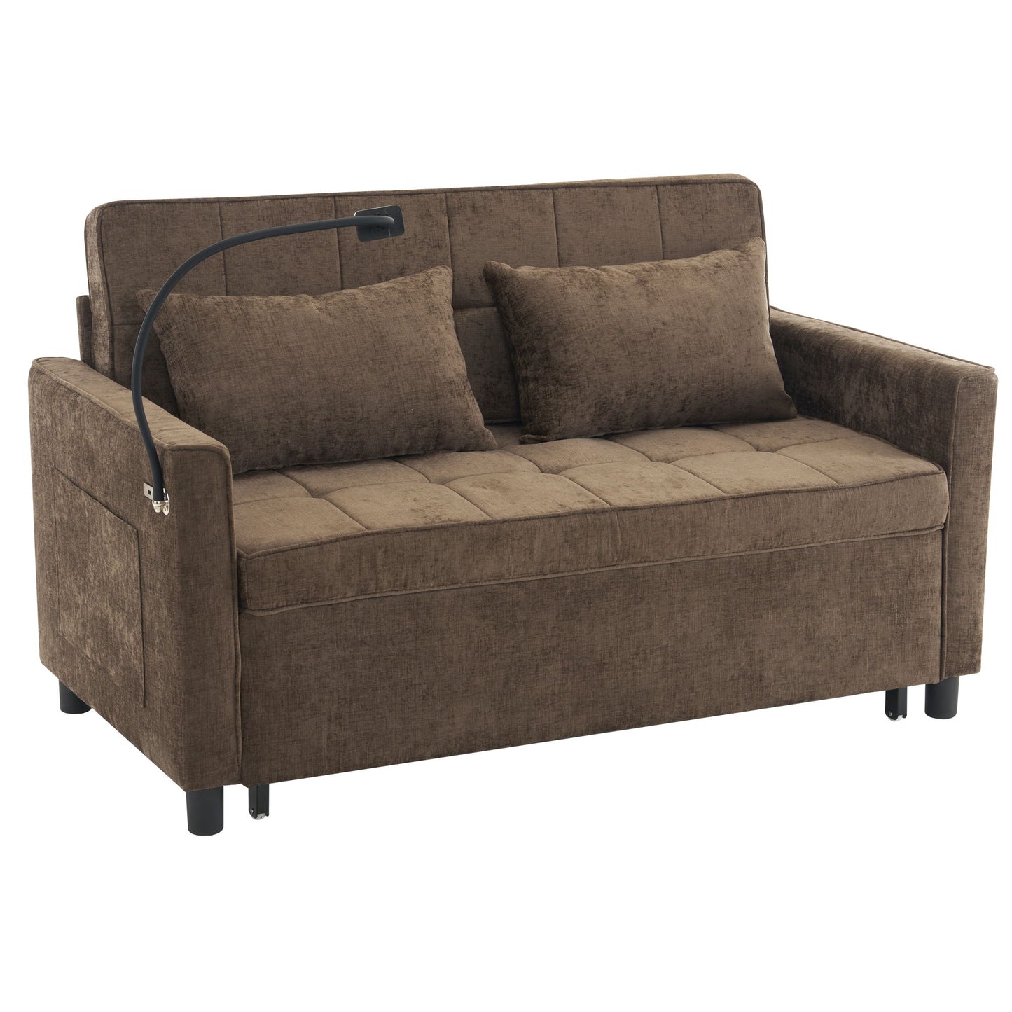 Pull-Out Sleeper Sofa With Reversible Backrest Cushion, Side Pockets, 2 USB Ports And A Phone Holder For Living Room