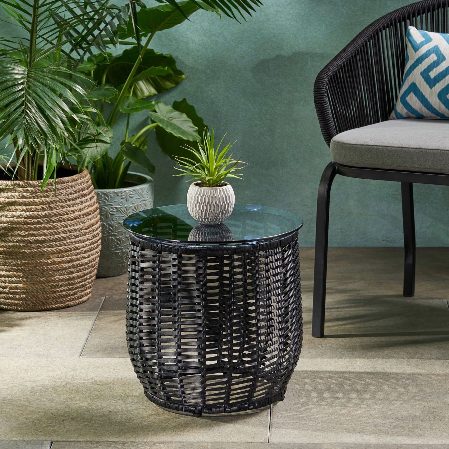 Boho Arias - Side Table With Tempered Glass Top And Rattan Wrap