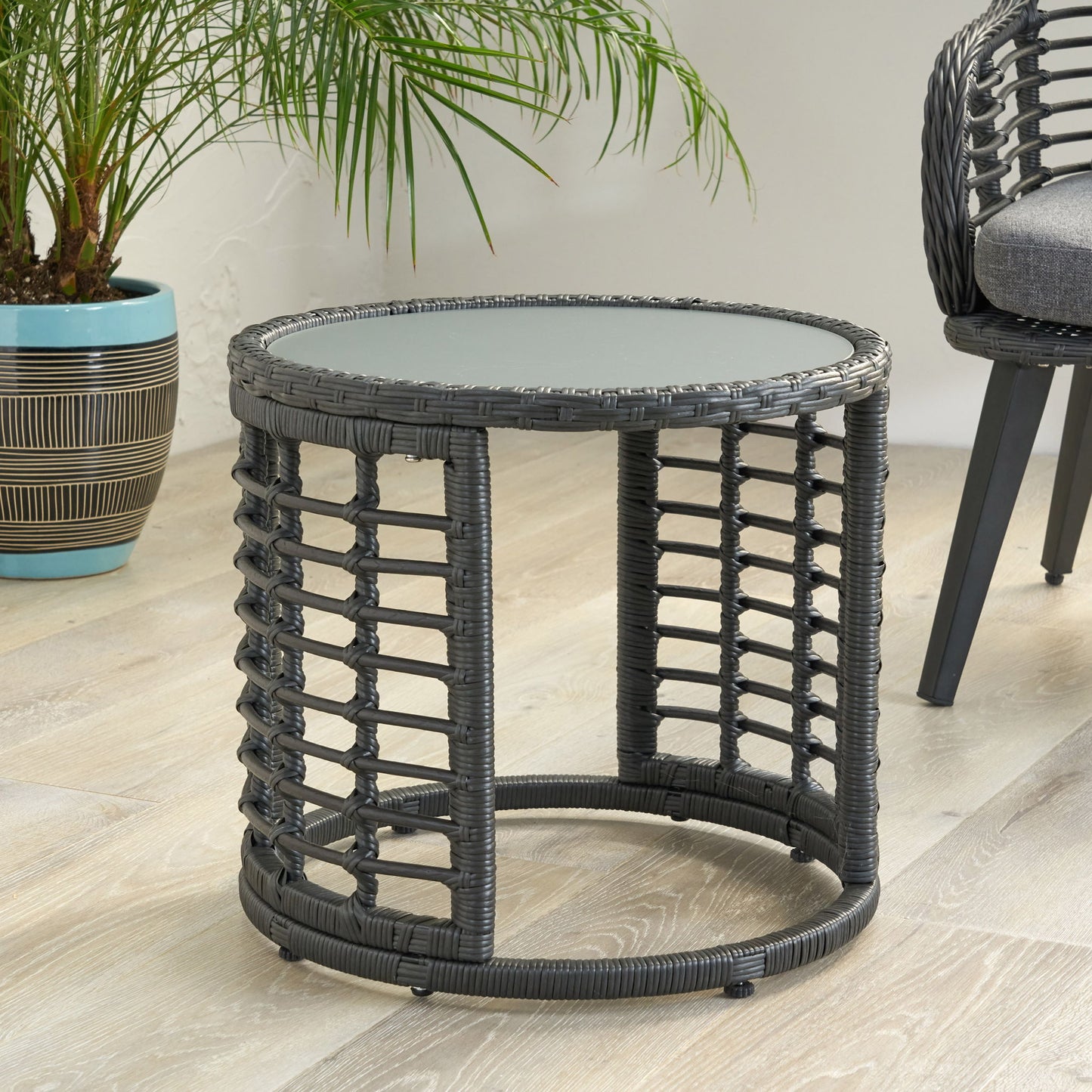 Achill - Outdoor Modern Boho Wicker Side Table With Glass Top - Gray