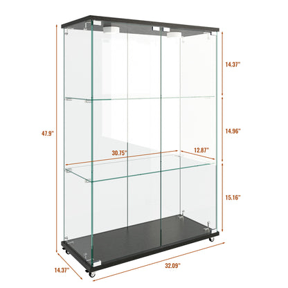 Modern Display Cabinet With LED Lights, Transparent Tempered Glass 2 Door Storage Case With 3 Shelves