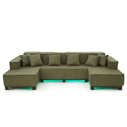 U-Shaped Sectional Sofa With RGB LED Light Strip And 6 Pillows