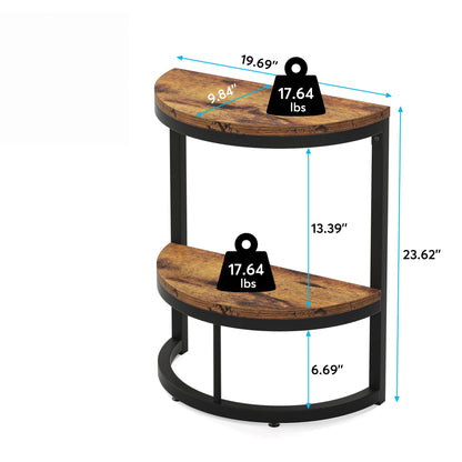 Slim Half Moon 2 Tier Semi Circle End Table, Wide Storage For Living - Rustic Brown