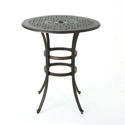 Traditional Style Cast Aluminum Bar Table With Lattice Design And Umbrella Holder - Bronze