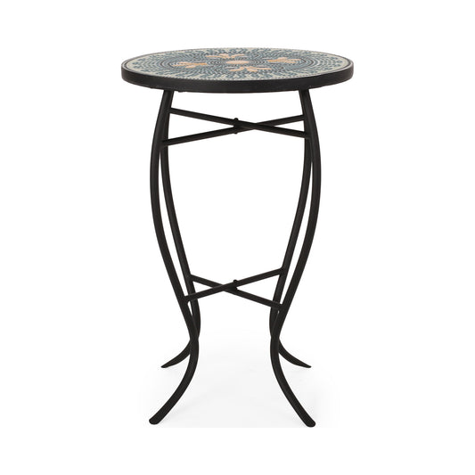 Outdoor Side Table With Tile Mosaic Table Top - Black