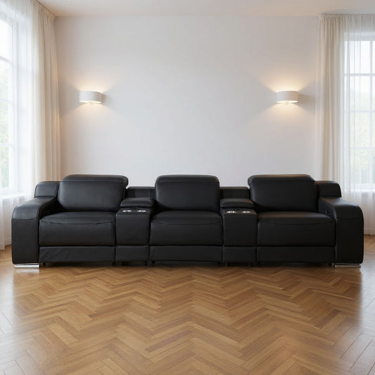 129" Italian Leather Reclining USB Sofa - Black