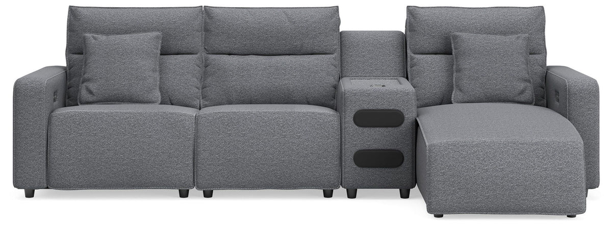 Modmax II - 4-Piece Power Reclining Sectional With RAF Press Back Power Chaise And Audio Console - Salt And Pepper - Next-Gen Nuvella
