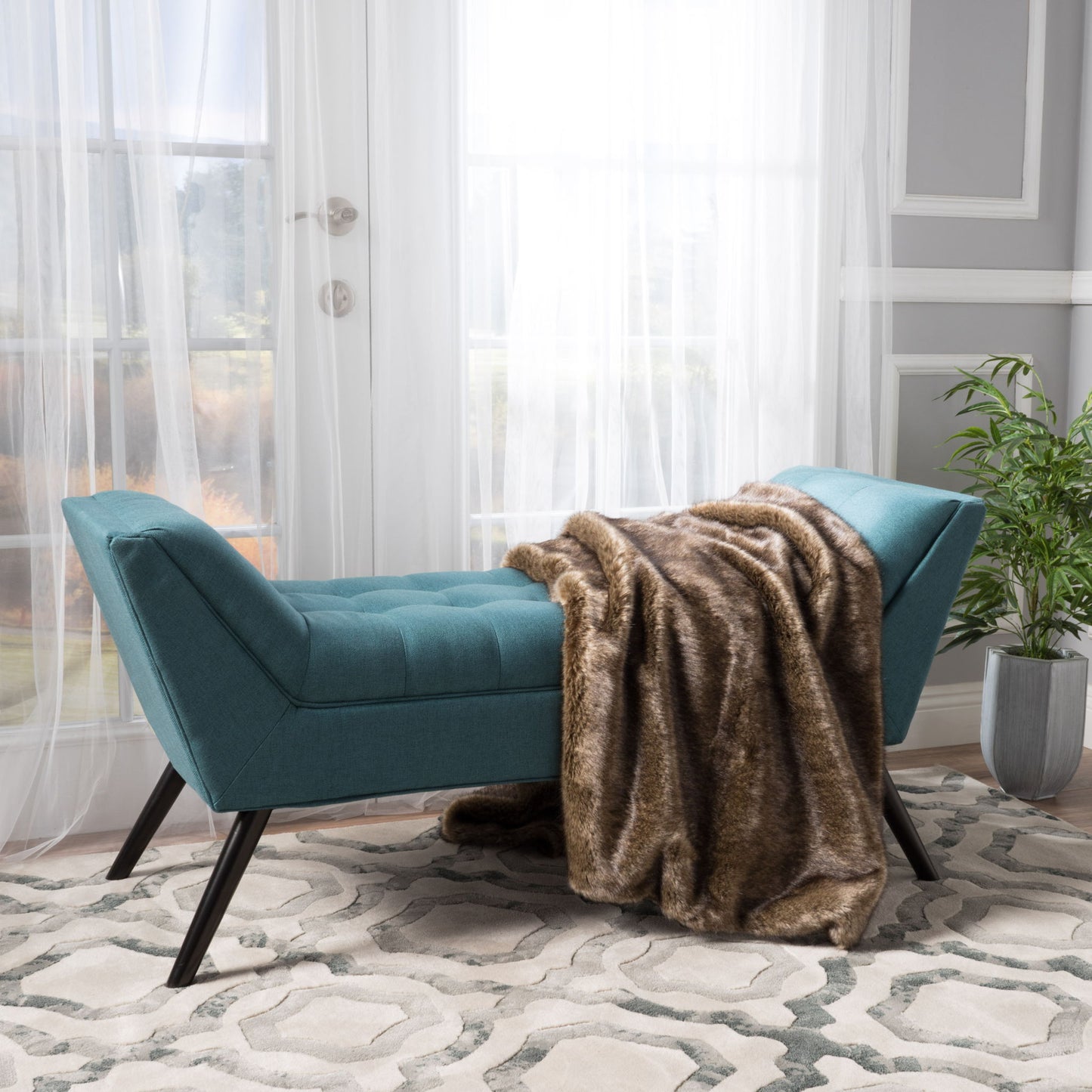 Modern Fabric Bench With Padded Seat And Wide U Shape Design - Teal
