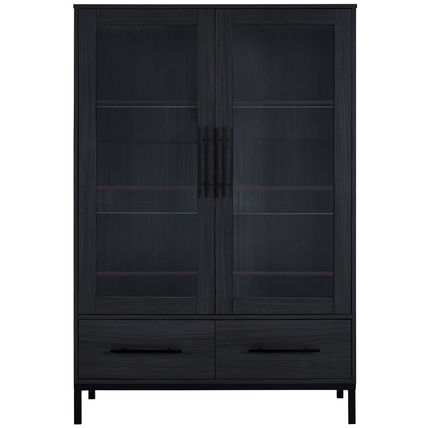 Modern Style Tall Display Cabinet With LED Lighting, Tempered Glass Door, 2 Drawers