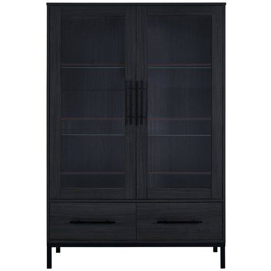 Modern Style Tall Display Cabinet With LED Lighting, Tempered Glass Door, 2 Drawers