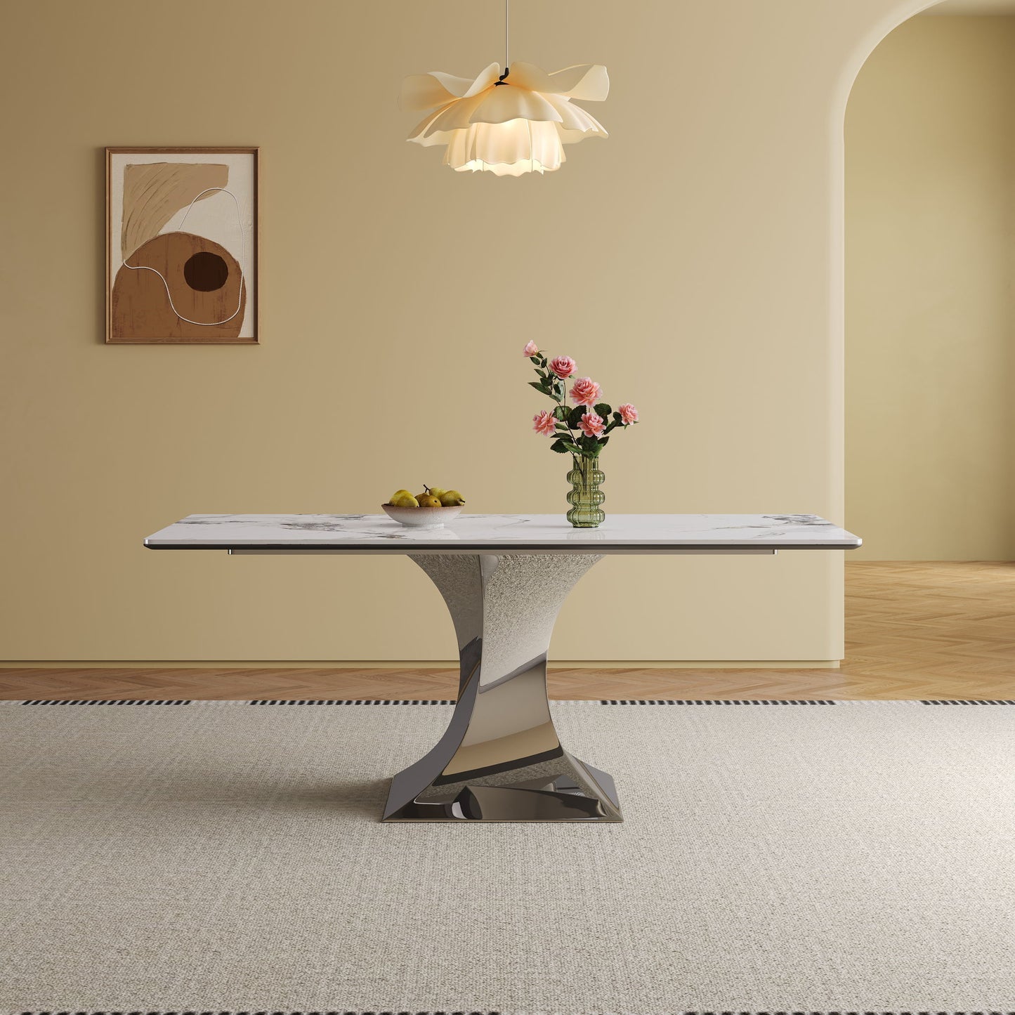 Modern Rectangular Dining Table For 6 - 8, Plated Hourglass Base