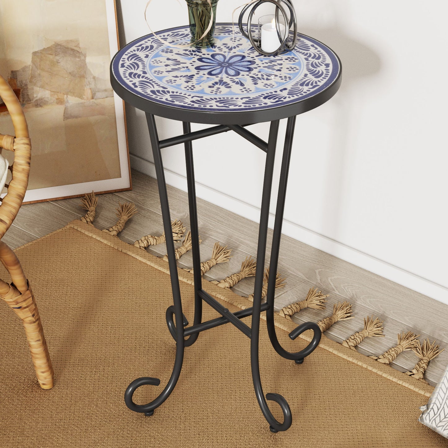 French Country Patio Side Table With Vibrant Tile Top