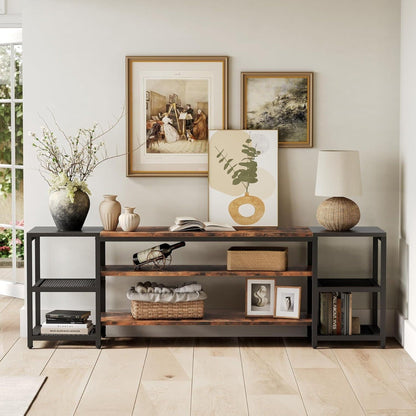 TV Stand For TVs, Extra Long With 3 Tier Ventilated Shelves - Rustic Brown