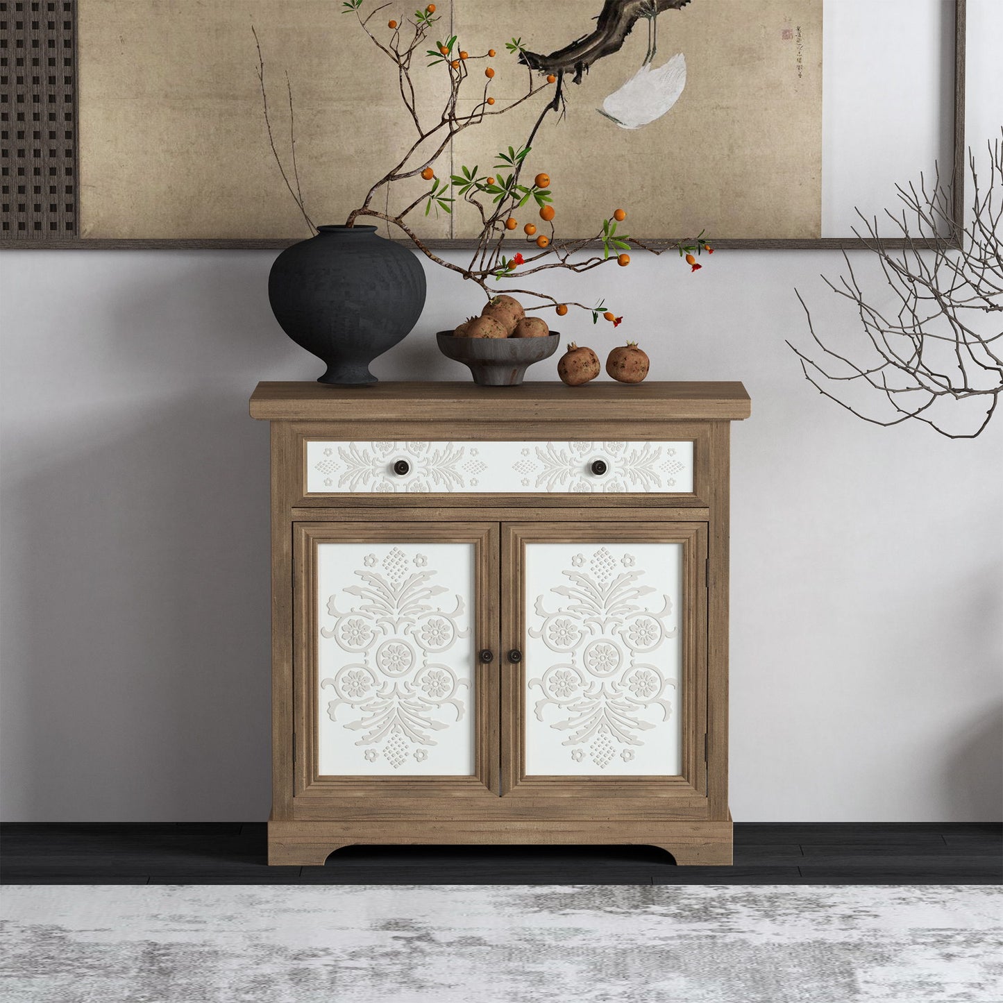 Accent Cabinet With Carved Floral Panels, Sideboard With Drawer And Double Doors - Antique Brown / White