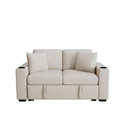 Modern 2 Seater Loveseat Sofa With Pull-Out Bed, Chenille Fabric, Built-In USB Ports & Cup Holders