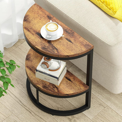 Slim Half Moon 2 Tier Semi Circle End Table, Wide Storage For Living - Rustic Brown
