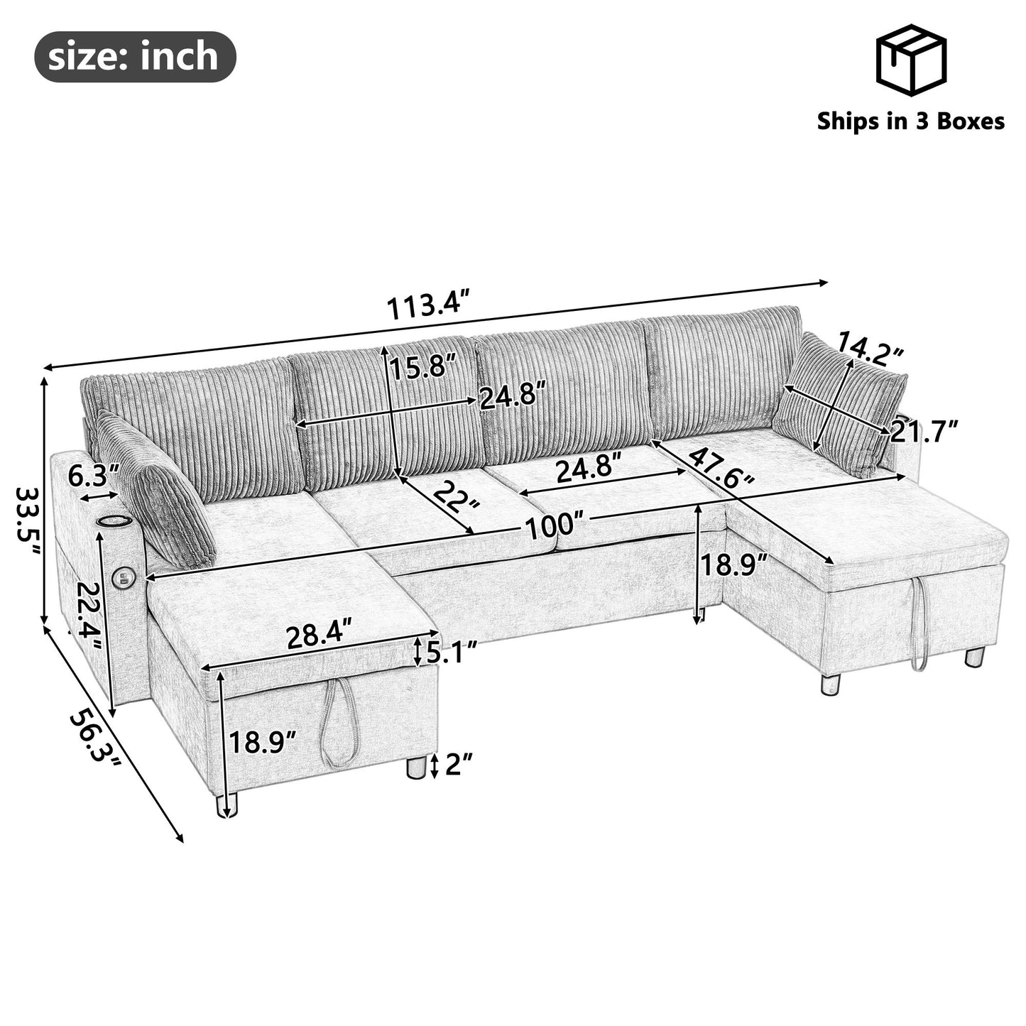 Sectional Sofa Bed With Pull Out Sleeper, USB Ports, Cup Holders