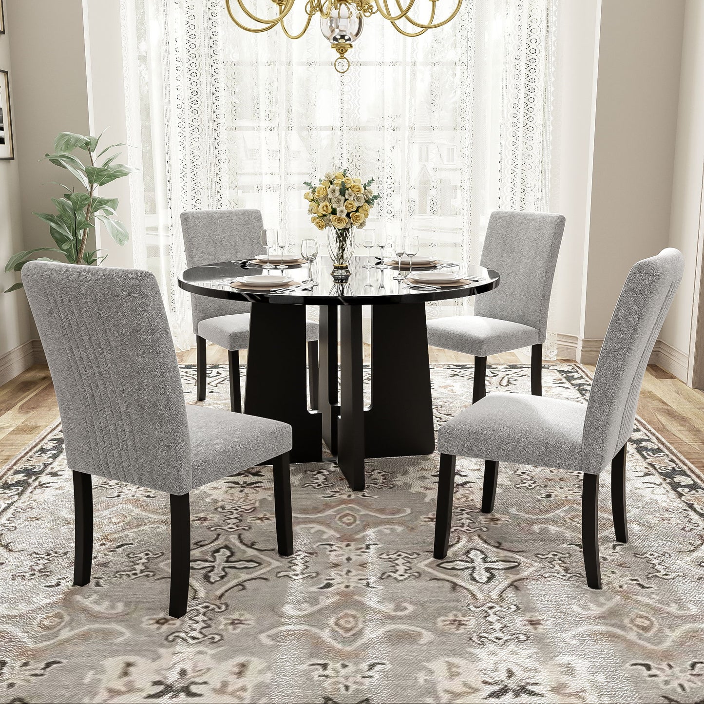 5 Piece Round Dining Table Set, Modern Table And 4 Upholstered Chairs For Dining Room