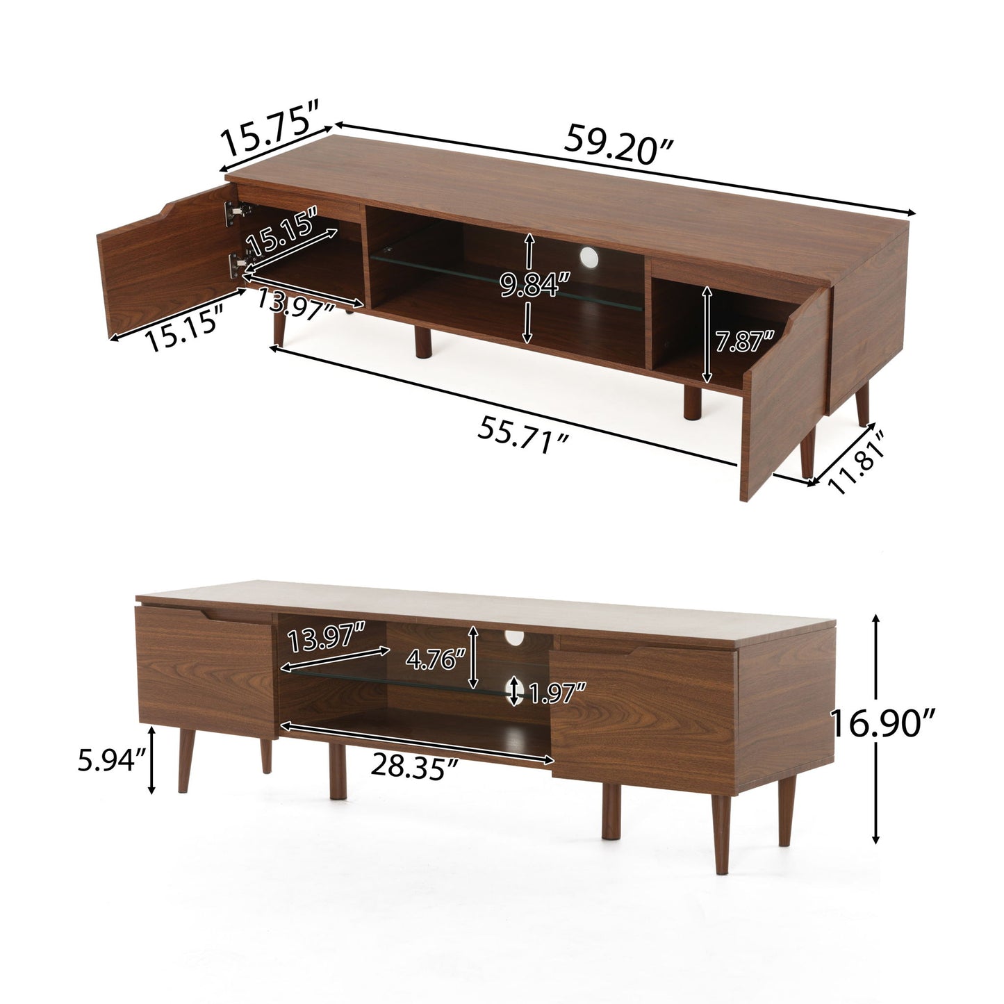 Modern TV Stand With Storage, Tempered Glass Shelf - Walnut