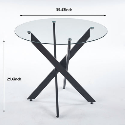 Dining Table With Cross Metal Leg And Tempered Glass, Modern Space Saving Kitchen Table For Living Room