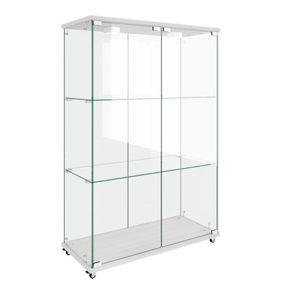 Modern Display Cabinet With LED Lights, Transparent Tempered Glass 2 Door Storage Case With 3 Shelves