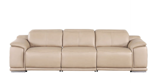 108" Leather Reclining Stainless Steel USB Sofa - Beige