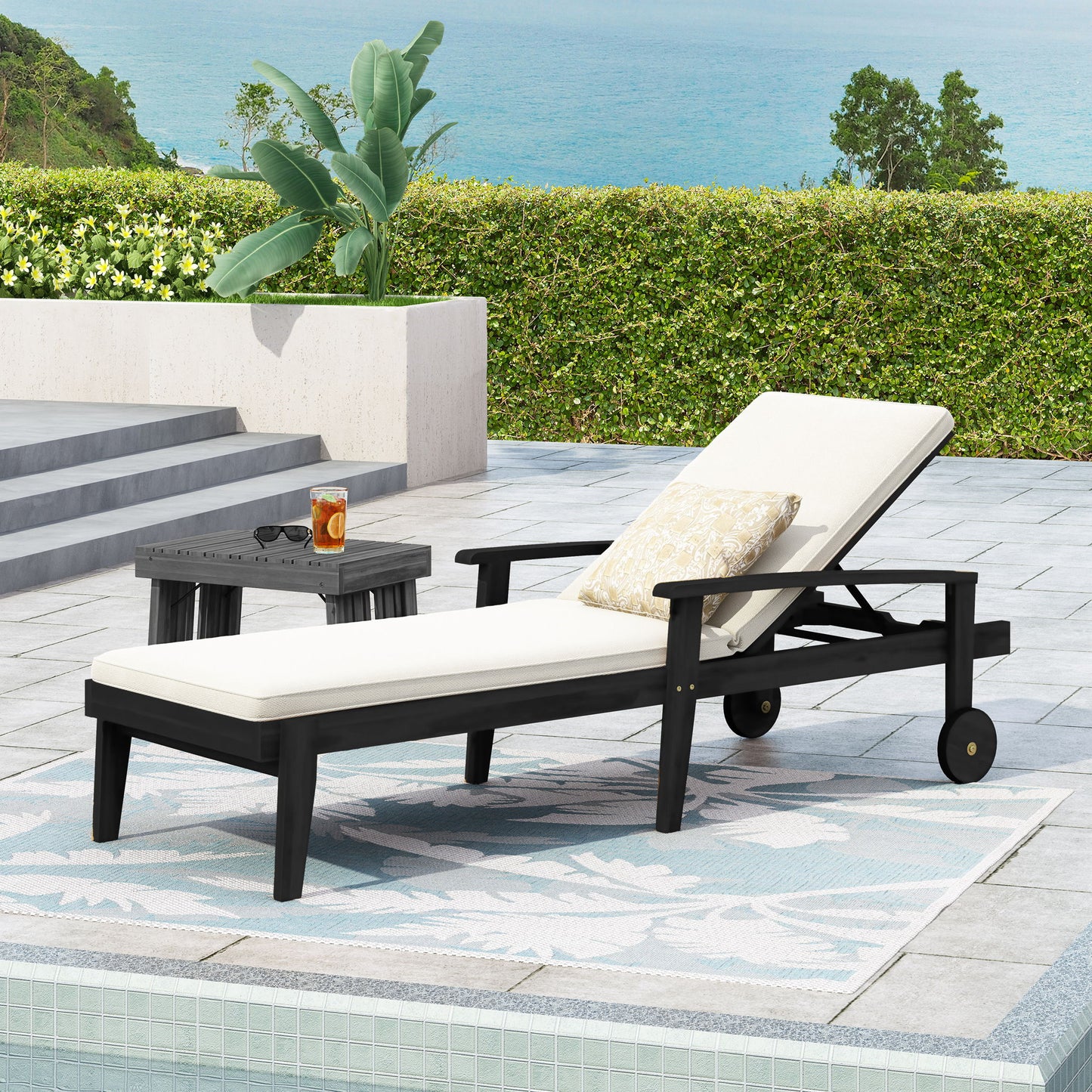 Jason - Black Chaise Lounge Adjustable Acacia Wood Outdoor Furniture
