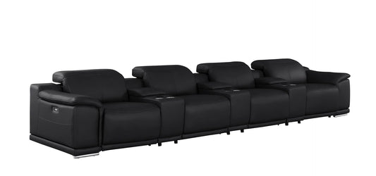 175" Leather Reclining Stainless Steel USB Sofa - Black