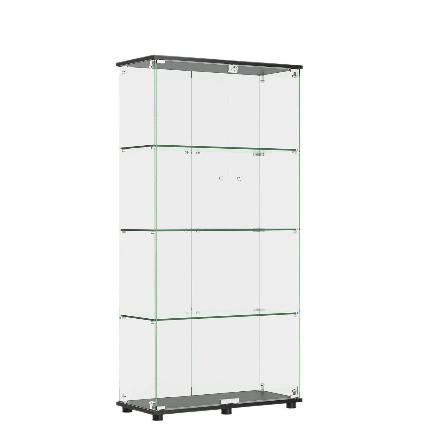 Modern Glass Display Cabinet With 4 Shelf Double Doors And Lock, Tempered Glass Bookshelf For Living Room - Black