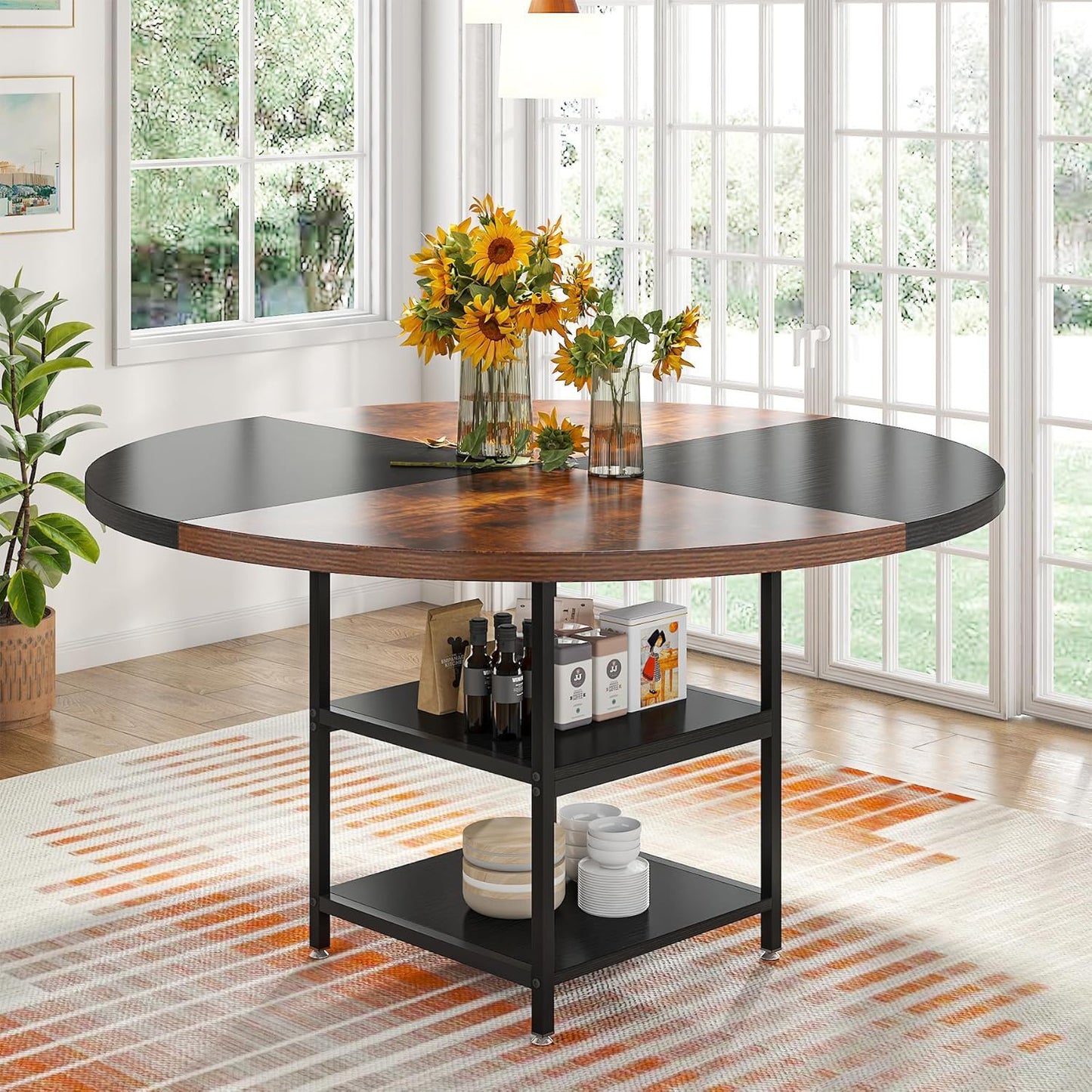 Round Dining Table For 4 With Storage Shelf - Brown / Black