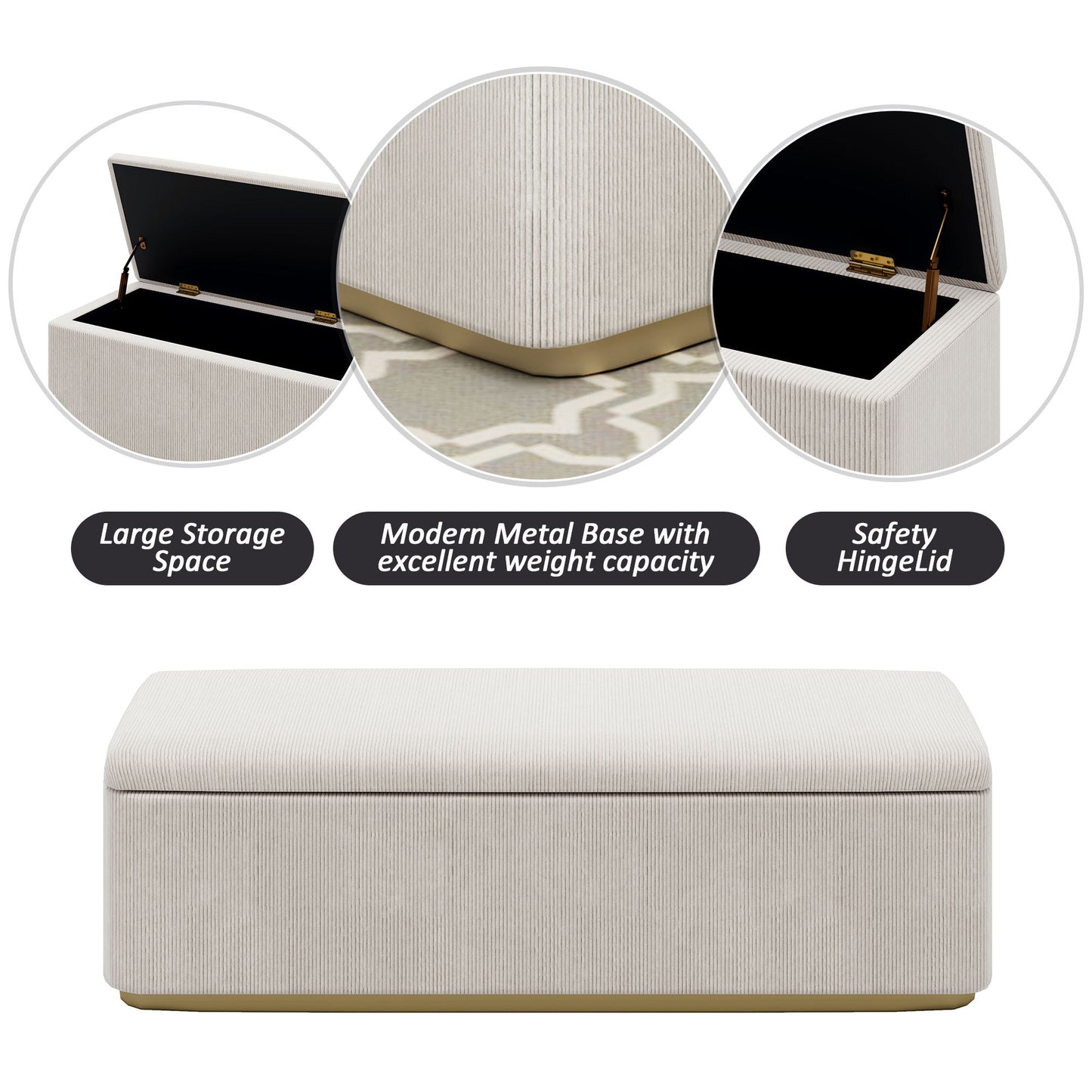 Chic Corduroy Upholstered Storage Ottoman With Vertical Stripe Design - Light Gray