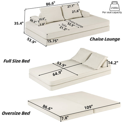 Multifunctional Convertible Sofa Bed With 2 Tumbler Backrests And 2 Pillows, Deep Seat Couch