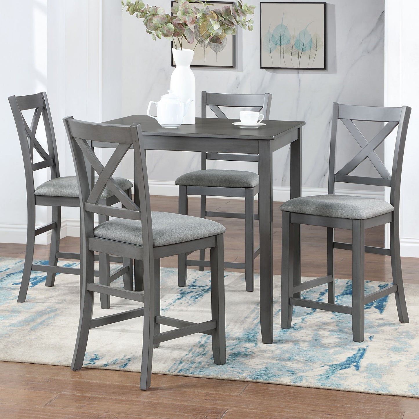 5 Piece Dining Table Set, Wooden Dining Square Table Set For 4