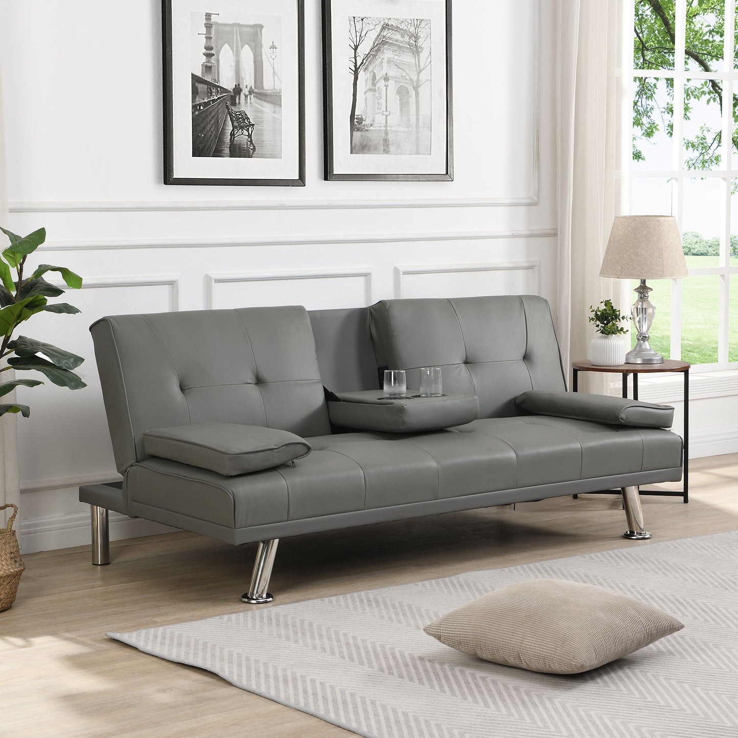 Modern Sofa Bed With Armrest 2 Holders, Wood Frame & Stainless Leg